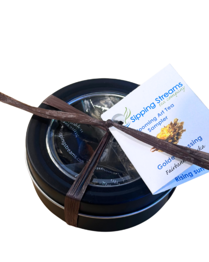 A sampler tin containing a full assortment of blooming flower teas, packaged in an elegant reusable tin. Sold in a 9-count wholesale case for gift shops, boutiques, and specialty tea retailers.