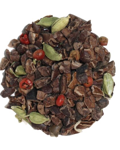 A wholesale 1 lb bag of Chocolate Passion herbal tea, featuring organic cocoa, chicory root, spices, and coconut for a deeply indulgent, caffeine-free infusion.