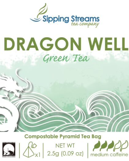 A wholesale box containing 50 individually wrapped pyramid tea sachets of Organic West Lake Dragon Well green tea, offering premium quality and convenient brewing.