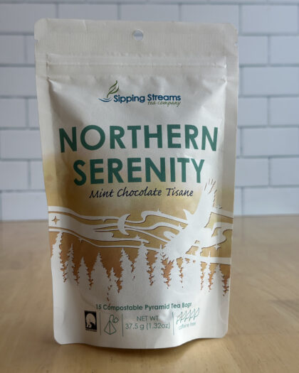 Image of Sipping Streams Northern Serenity Tea bag with 15 pyramid sachets.