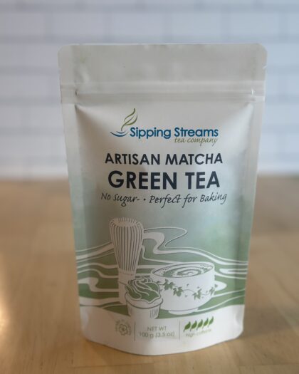 A green resealable pouch labeled Premium Chef Matcha by Sipping Streams Tea Company, containing 100g of culinary-grade Japanese matcha, ideal for baking, beverages, and recipes.