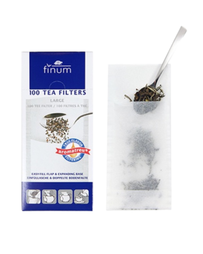 A package of Finum® Large white disposable tea filters, ideal for loose leaf tea brewing.