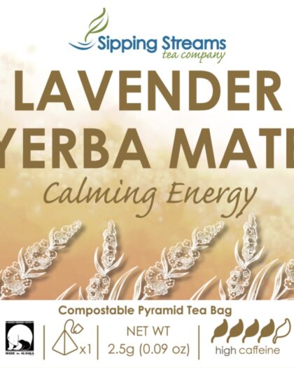 A wholesale box containing 50 individually wrapped pyramid tea sachets of Lavender Yerba Maté, offering a balanced, aromatic single-serve tea experience.