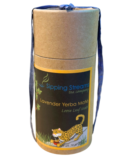 A tall retail tin filled with Lavender Yerba Maté, a blend of organic yerba maté and lavender flowers for a balanced, energizing yet calming infusion.