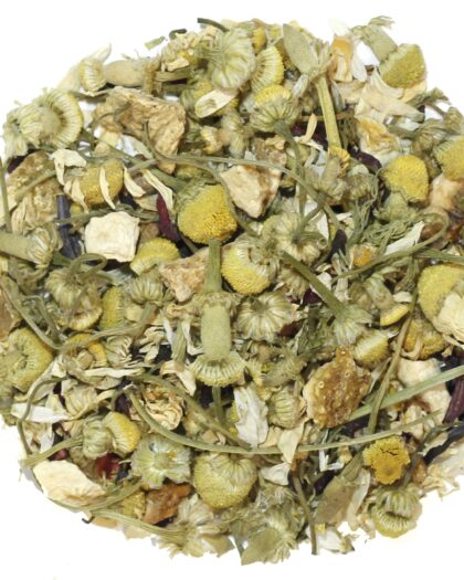 A wholesale 1 lb bag of Lemon Chamomile loose leaf herbal tea, featuring chamomile blossoms blended with refreshing lemon flavor for a soothing infusion.