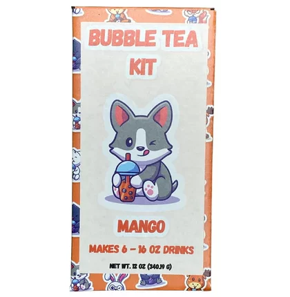 An orange box labeled Mango Bubble Tea Kit with a cartoon fox drinking boba. The kit contains ingredients to make six 16 oz mango bubble tea drinks.