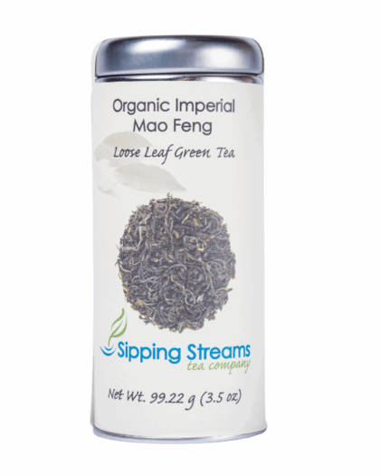 A tall tin of Organic Imperial Mao Feng green tea, featuring premium loose-leaf tea leaves packed for freshness.