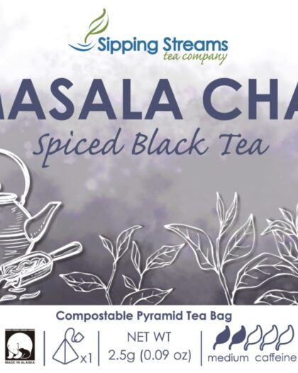 A wholesale box containing 50 individually wrapped pyramid tea sachets of Masala Chai, offering premium single-serve brewing with authentic chai spices.
