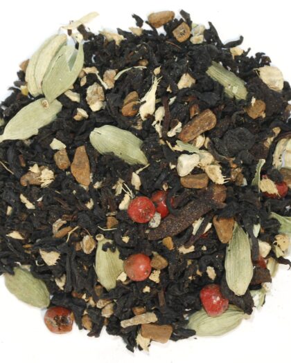 A wholesale 1 lb bag of Masala Chai loose leaf tea, featuring black tea blended with aromatic spices for a rich, warming chai experience.
