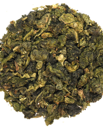 A wholesale 1 lb bag of Organic Imperial Ti Kwan Yin Oolong, showcasing tightly rolled leaves known for their floral fragrance, smooth texture, and multiple infusions.
