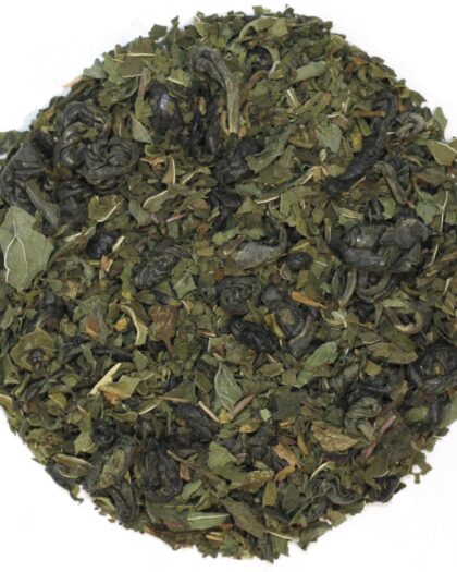 A wholesale 1 lb bag of Organic Moroccan Mint with Green Tea, featuring organic green tea blended with cooling mint for a crisp, refreshing infusion.