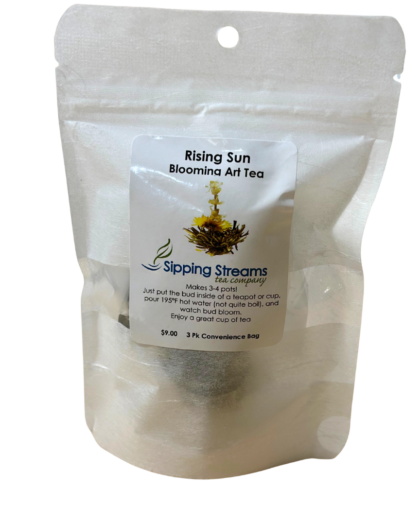A Rising Sun tea 3-pack convenience set, featuring green tea blended with jasmine and chrysanthemum for a light, floral infusion.