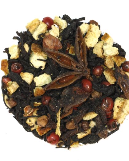 A wholesale 1 lb bag of Spice Melange loose leaf tea, featuring organic black tea blended with orange peel, cinnamon, and warming spices.
