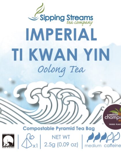 A wholesale box containing 50 individually wrapped pyramid tea sachets of Organic Imperial Ti Kwan Yin Oolong, offering premium oolong quality with effortless brewing.