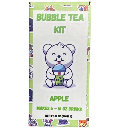A green box labeled Apple Bubble Tea Kit with a cartoon bear drinking boba. This kit includes ingredients to make six 16 oz apple bubble tea drinks.