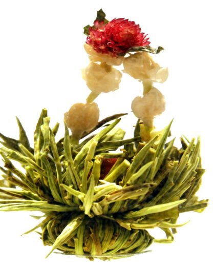 A wholesale 1 lb bulk bag of Awakening Spirit Blooming Art Tea, featuring hand-tied green tea leaves with jasmine flowers and a pink globe amaranth that bloom beautifully when steeped.