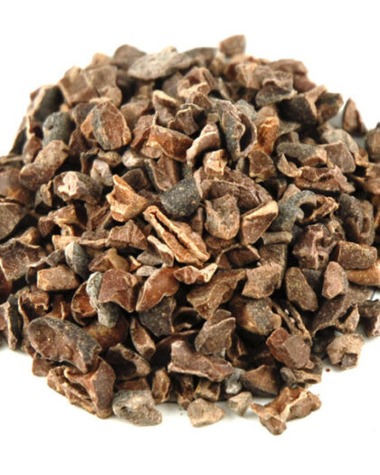 A wholesale 1 lb bag of Organic Raw Cacao Nibs, featuring crunchy cacao pieces ideal for tea blends, baking, smoothies, and snacking.