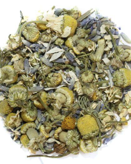 A wholesale 1 lb bag of Chamomile Lavender herbal tea, featuring whole chamomile blossoms blended with aromatic lavender for a soothing infusion.