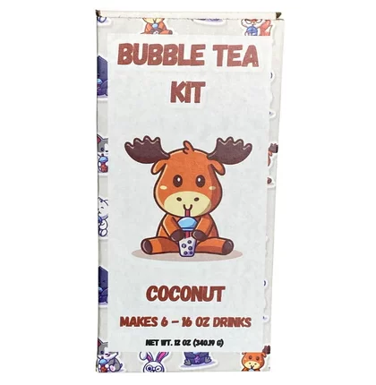 A rectangular box labeled Coconut Bubble Tea Kit with a cartoon moose holding bubble tea. The kit makes six 16 oz coconut bubble tea drinks and includes all essential ingredients.