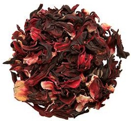 A wholesale 1 lb bag of Organic Hibiscus loose leaf herbal tea, featuring deep red hibiscus petals used for tart, refreshing herbal infusions.