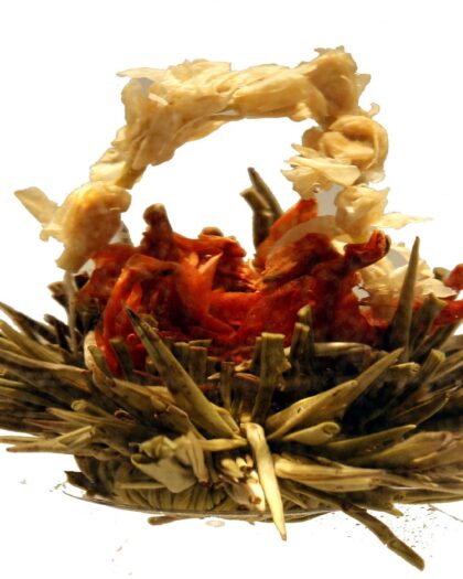 A wholesale 1 lb bulk bag of Lily Basket Blooming Art Tea, featuring hand-tied green tea leaves with lily and jasmine that bloom beautifully when steeped.
