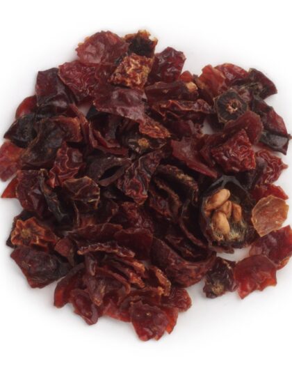 A wholesale 1 lb bag of Organic Rosehips, featuring dried rose fruit used for tart, vitamin-rich herbal infusions.