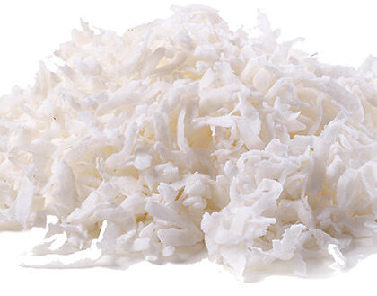 A wholesale 1 lb bag of shredded coconut, featuring fine coconut shreds used in herbal tea blends, baking, and culinary recipes.