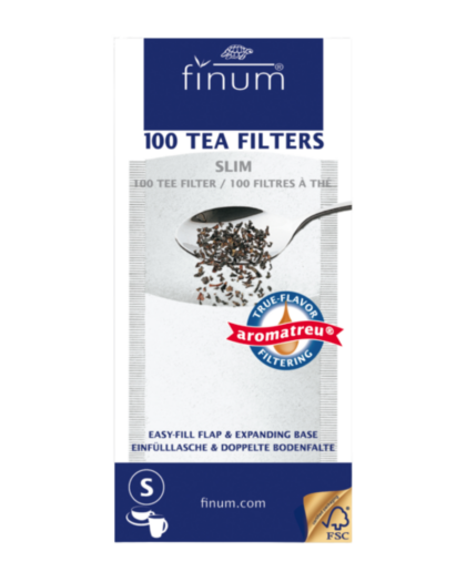 A package of Finum® Flip S white tea filters, featuring disposable paper filters for loose leaf tea.