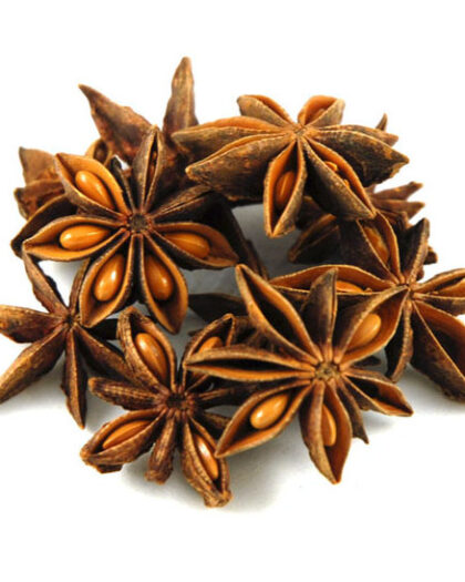 A wholesale 1 lb bag of whole star anise pods, featuring star-shaped spice pods prized for their sweet, warming aroma.
