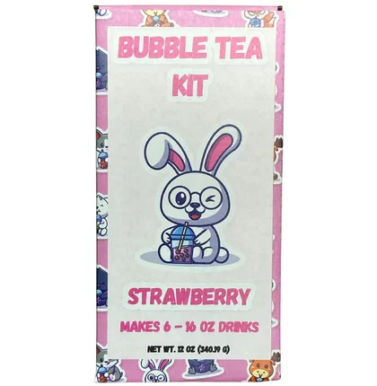 A pink box labeled Strawberry Bubble Tea Kit with a cartoon bunny holding a cup of boba. Includes ingredients to make six 16 oz strawberry bubble tea drinks.