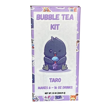 A purple box labeled Taro Bubble Tea Kit with a cartoon bird drinking bubble tea. Includes ingredients for six 16 oz taro bubble tea drinks.