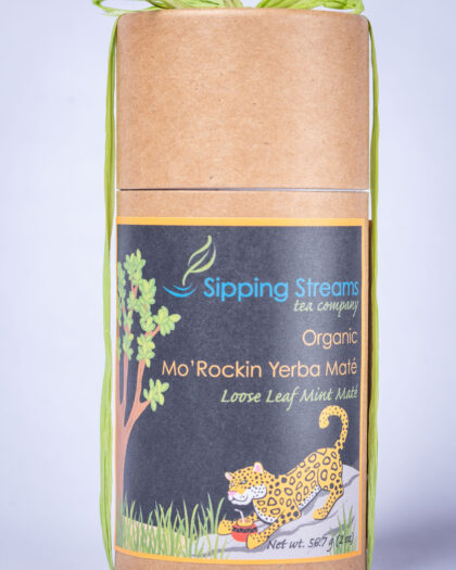 A tall retail tin filled with Organic Mo’Rockin Yerba Maté (Mint), featuring yerba maté blended with refreshing peppermint for clean, natural energy.