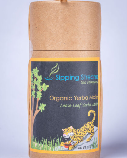 A tall retail tin filled with Organic Green Yerba Maté, featuring loose leaf maté known for its vibrant green color and smooth, energizing profile.