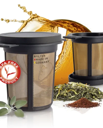 A Finum® Brewing Basket M permanent tea infuser, featuring a fine stainless steel mesh and BPA-free frame.